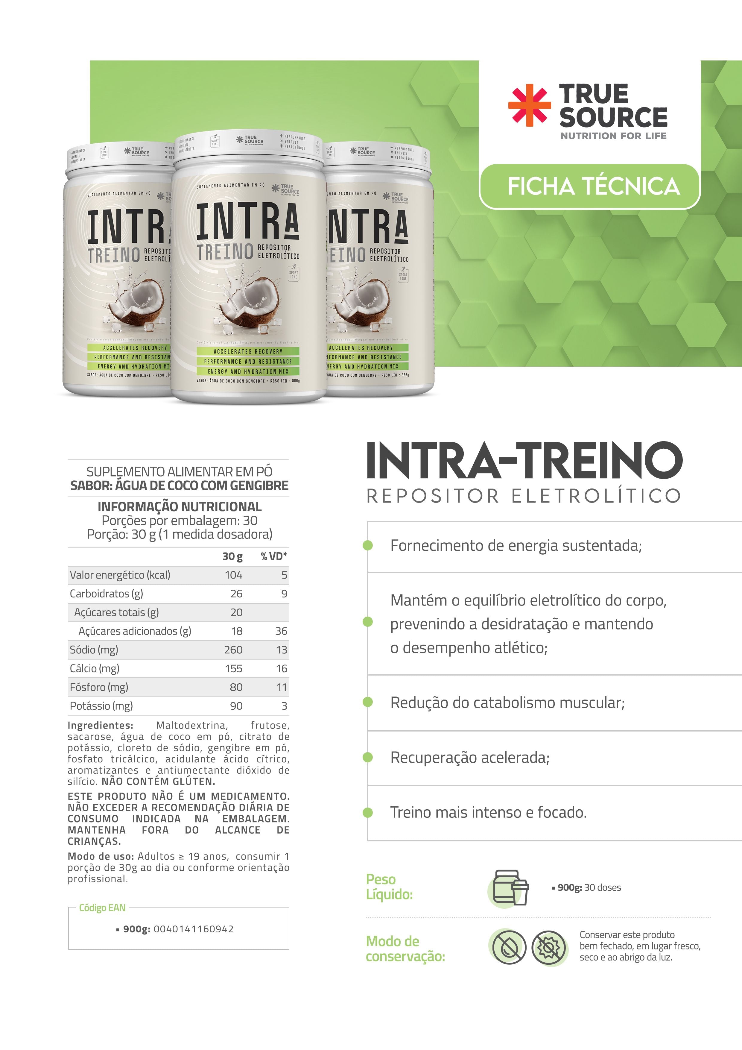 Intra Treino Repositor Eletrolitico Água de Coco Com Gengibre 900g - True Source